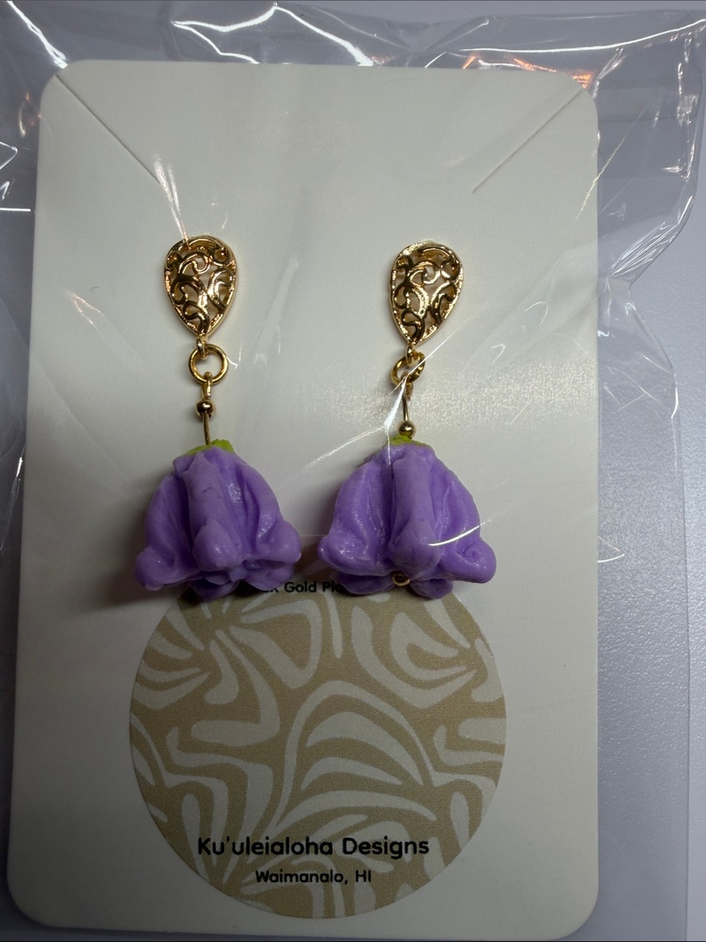 Hawaiian Crown Flower 18K Gold Plated Purple/Green Earrings w/French earing hook